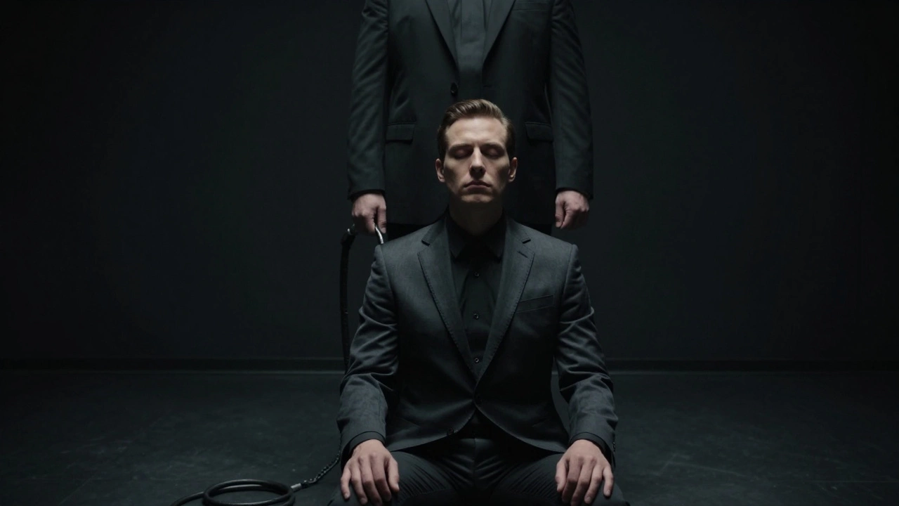 A man in a suit sits quietly in a dark room, facing an unseen dominant figure in silence.