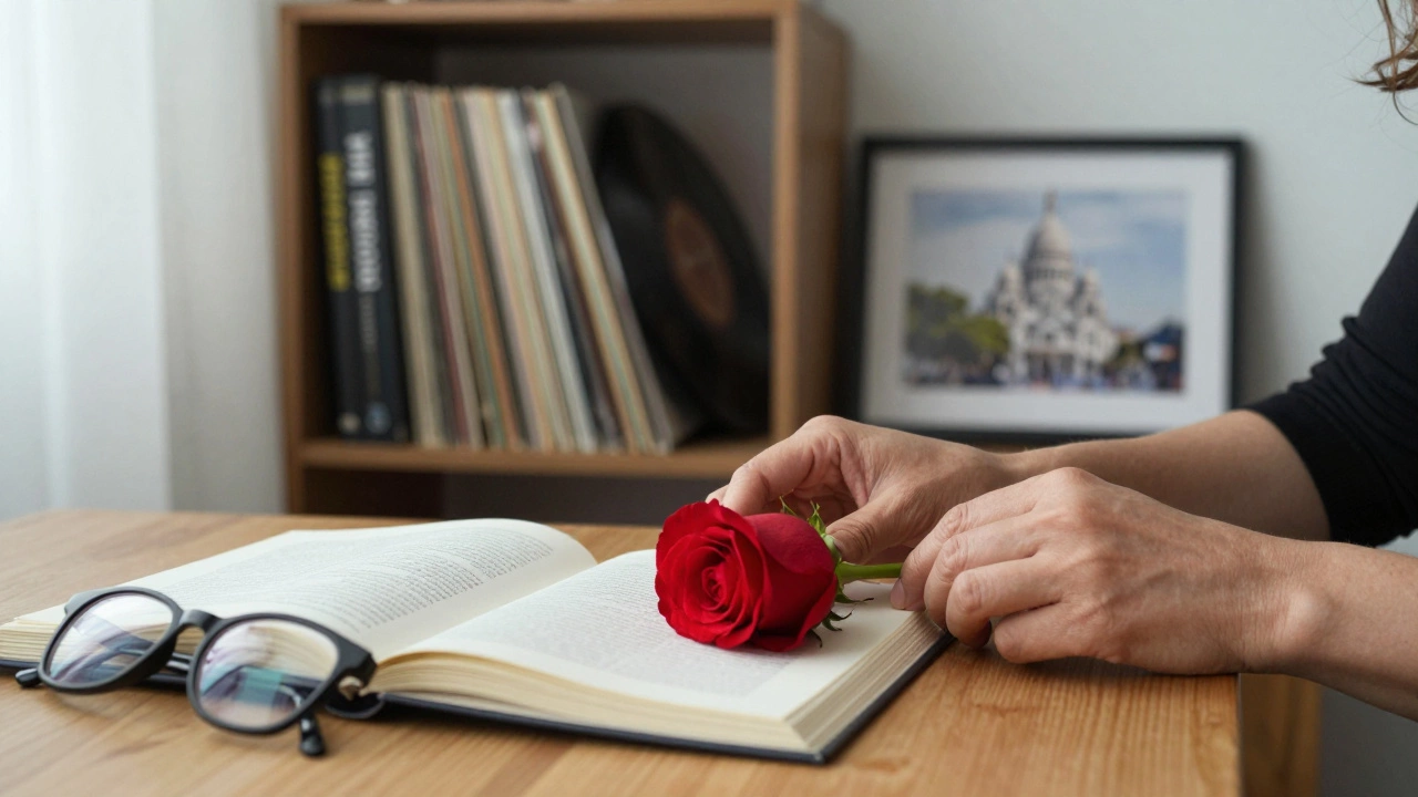 A woman&#039;s hands placing a rose beside an open journal and reading glasses on a wooden table.