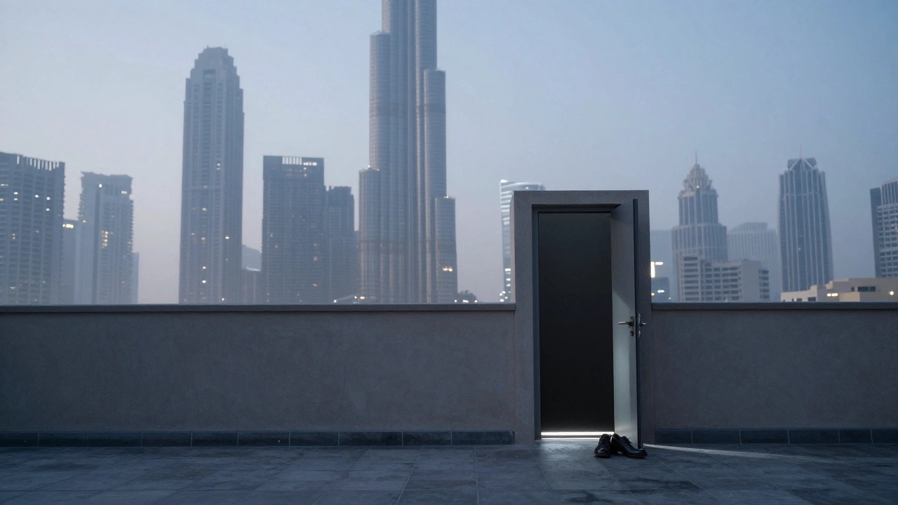 An empty Dubai skyline at dawn, a single open door hinting at a private, transformative experience.